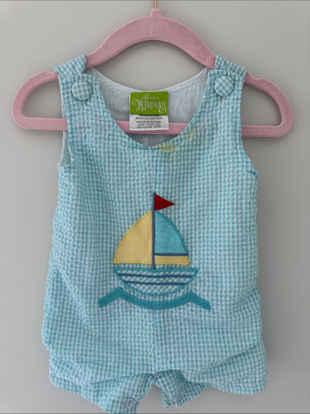 Classic Whimsy Aqua Gingham Sailboat One-Piece for Kids